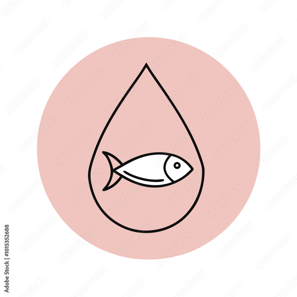 Outline illustration of fish inside a water droplet on a pink background, health concept, copy space Outline illustration of fish inside a water droplet on a pink background, health concept, copy space