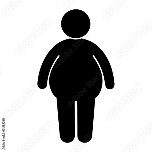 Simple black pictogram of obese person shown frontally. Minimalist symbolic representation features rounded body shape without detailed features. Concept: weight management, healthcare education, medi