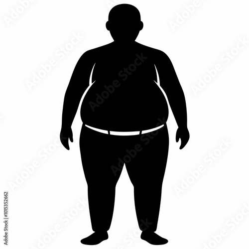 Silhouette of an obese man standing with arms at his sides on white background.