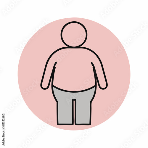 Obese person icon with gray pants on pink circular background representing obesity awareness.
