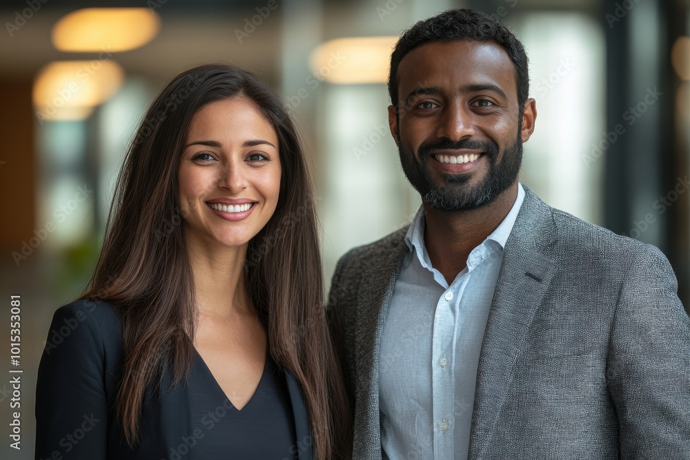 Two happy diverse professional executive business team people African American woman and Indian man looking at camera standing in office lobby hall. Multicultural company managers team, Generative AI Two happy diverse professional executive business team people African American woman and Indian man looking at camera standing in office lobby hall. Multicultural company managers team, Generative AI
