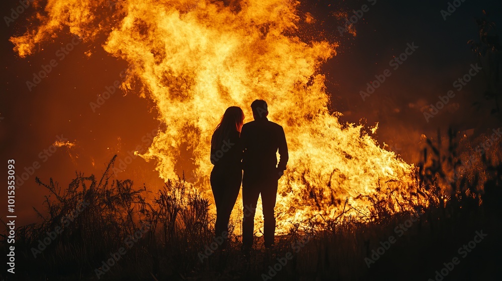 A young couple in love standing by a large fire in a concept shot for a Valentine's Day or marriage A young couple in love standing by a large fire in a concept shot for a Valentine's Day or marriage