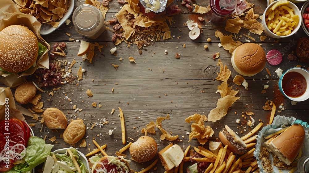 A variety of fast food items including burgers, fries, and chips surround a wooden table with space in the center, perfect for text or promotional content. The messy arrangement adds a casual A variety of fast food items including burgers, fries, and chips surround a wooden table with space in the center, perfect for text or promotional content. The messy arrangement adds a casual