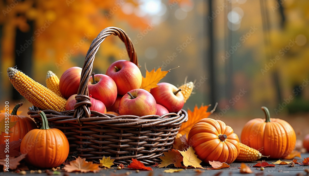 Wicker basket filled with apples and pumpkins surrounded by autumn leaves for harvest celebration Wicker basket filled with apples and pumpkins surrounded by autumn leaves for harvest celebration