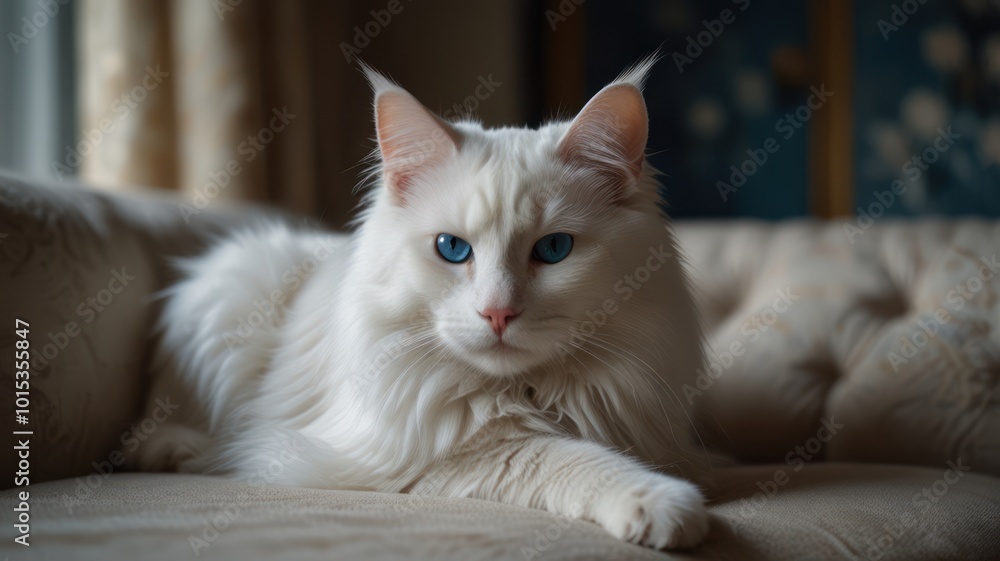 Obraz premium A white cat with blue eyes, lying on a beige couch, looking directly at the camera.