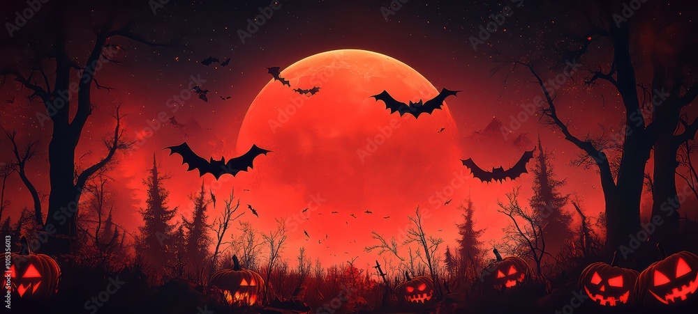 A spooky Halloween banner featuring black text against a glowing red moon backdrop A spooky Halloween banner featuring black text against a glowing red moon backdrop
