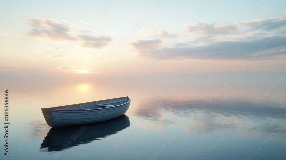Serene boat on calm water at sunrise. Serene boat on calm water at sunrise.