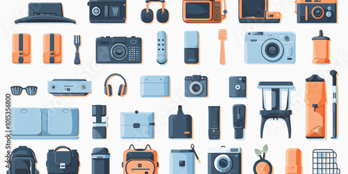 A collection of items including a camera, a laptop, a backpack, and a bottle. Concept of travel and adventure, as these items are commonly used by people on the go