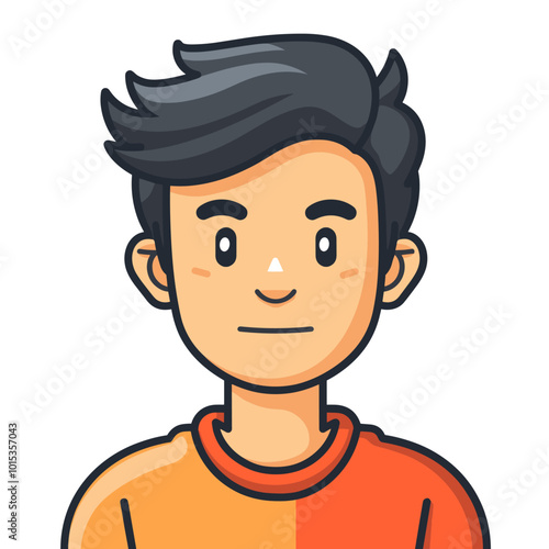 A cartoon boy with a red and orange shirt and black hair. He has a serious expression on his face