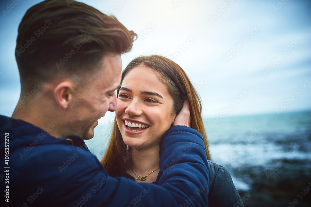 Couple, happy and beach for love, bonding and relax with relationship, romance and outdoor date. Man, woman and ocean outside for care, support and connection with partner, smile and weekend together Couple, happy and beach for love, bonding and relax with relationship, romance and outdoor date. Man, woman and ocean outside for care, support and connection with partner, smile and weekend together