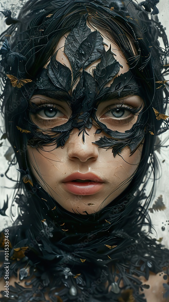 Mysterious Woman with Leaf Mask: A Digital Portrait Mysterious Woman with Leaf Mask: A Digital Portrait