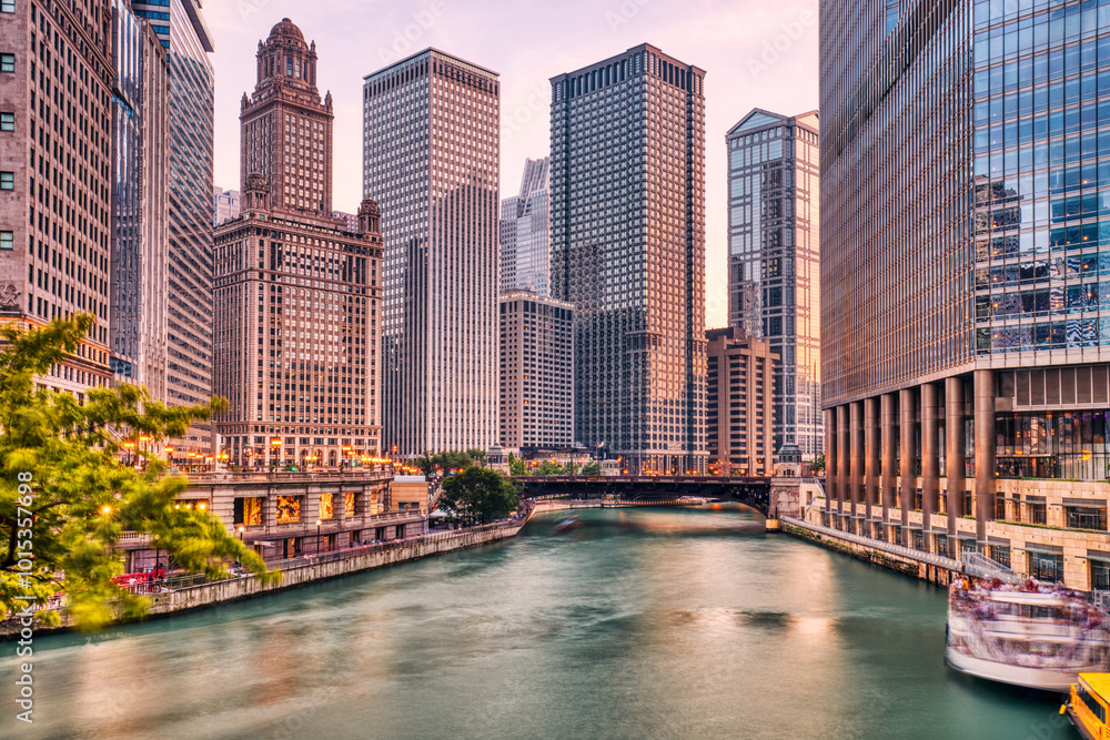 Chicago Downtown Cityscape with Chicago River at Sunset Chicago Downtown Cityscape with Chicago River at Sunset