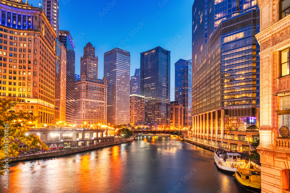 Chicago Downtown Cityscape with Chicago River at Dusk Chicago Downtown Cityscape with Chicago River at Dusk