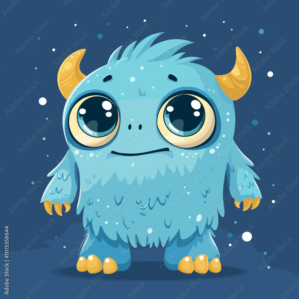 A cartoon monster with big eyes and a big smile. The monster is blue and yellow. The monster is happy and smiling A cartoon monster with big eyes and a big smile. The monster is blue and yellow. The monster is happy and smiling
