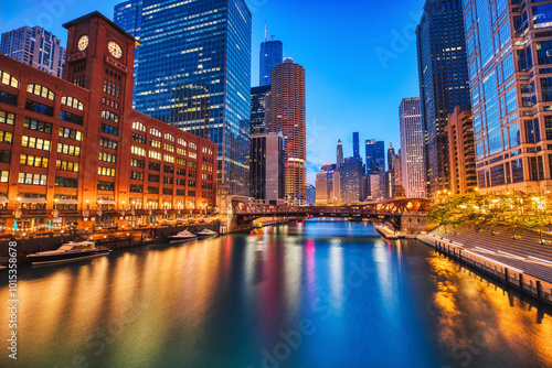 Chicago Downtown Cityscape with Chicago River at Dusk