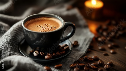 Coffee background. Сoffee cup with beans in cozy interior