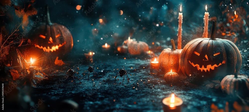 Naklejka premium Halloween party invitation written in fancy script on a backdrop of dark velvet, surrounded by small pumpkins, glittering black spiders, and flickering candlelight