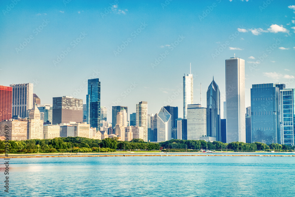Chicago Skyline over the Lake Michigan during a Sunny Day Chicago Skyline over the Lake Michigan during a Sunny Day