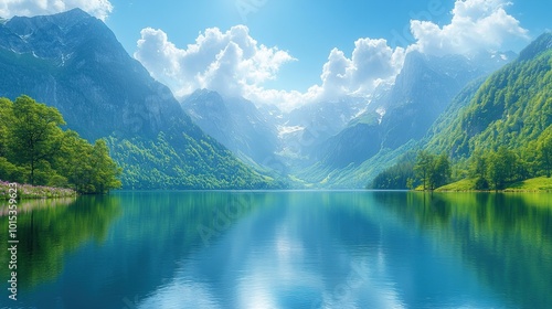 Serene mountain lake reflecting vibrant nature.