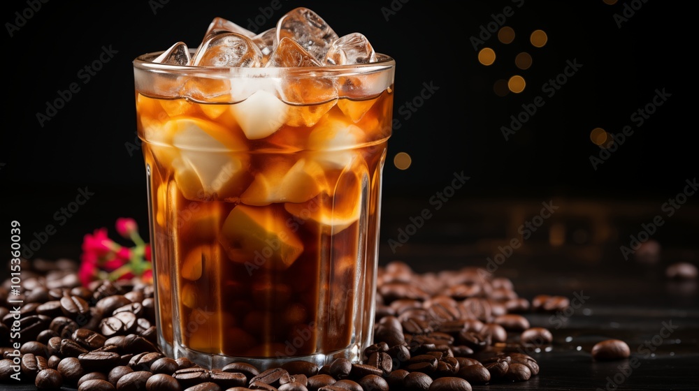 Iced coffee with cream and beans on a rustic wooden table Cold drink on black background with space for text Copy space image Place for adding text or design Iced coffee with cream and beans on a rustic wooden table Cold drink on black background with space for text Copy space image Place for adding text or design