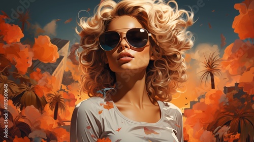 illustration of beautiful young woman in trendy sunglasses with various images of summer holidays