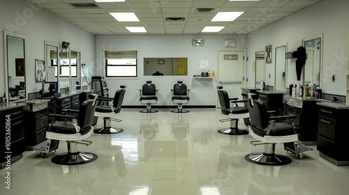 A barber shop with chairs and mirrors in it