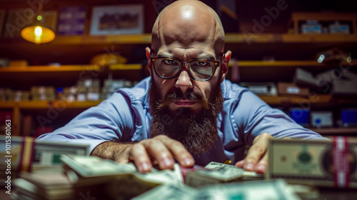 A man with a beard and glasses sitting at a table with money