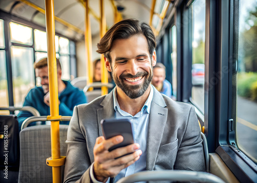 Man with a smile, utilizing a smartphone while commuting on a bus. A carefree expression that captures a happy and connected moment. notions of public transit, technology, and travel