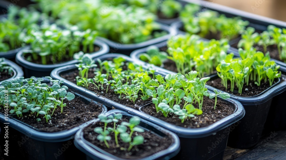 Pots with various vegetables flowers seedlings garden composition background Pots with various vegetables flowers seedlings garden composition background