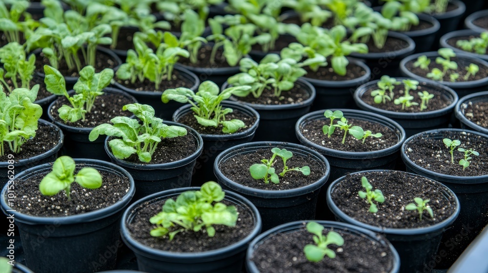 Pots with various vegetables flowers seedlings garden composition background Pots with various vegetables flowers seedlings garden composition background