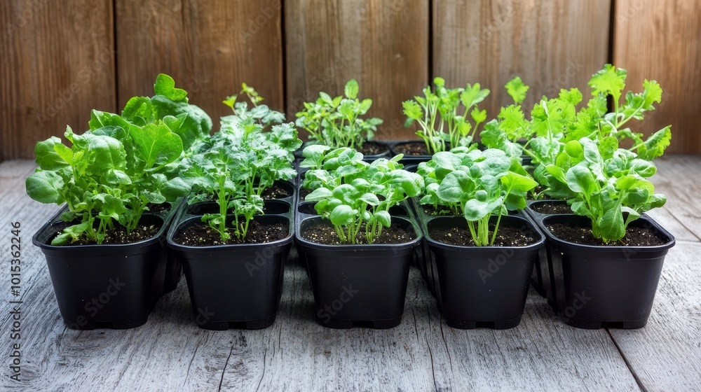 Fototapeta premium Pots with various vegetables flowers seedlings garden composition background