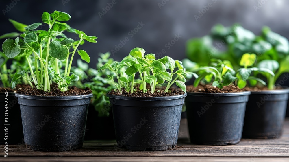 Pots with various vegetables flowers seedlings garden composition background Pots with various vegetables flowers seedlings garden composition background