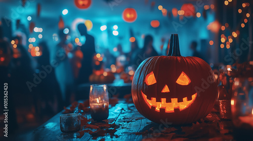 Halloween party. Costume party, halloween festival. A spooky Halloween party scene with costumed guests and eerie decorations