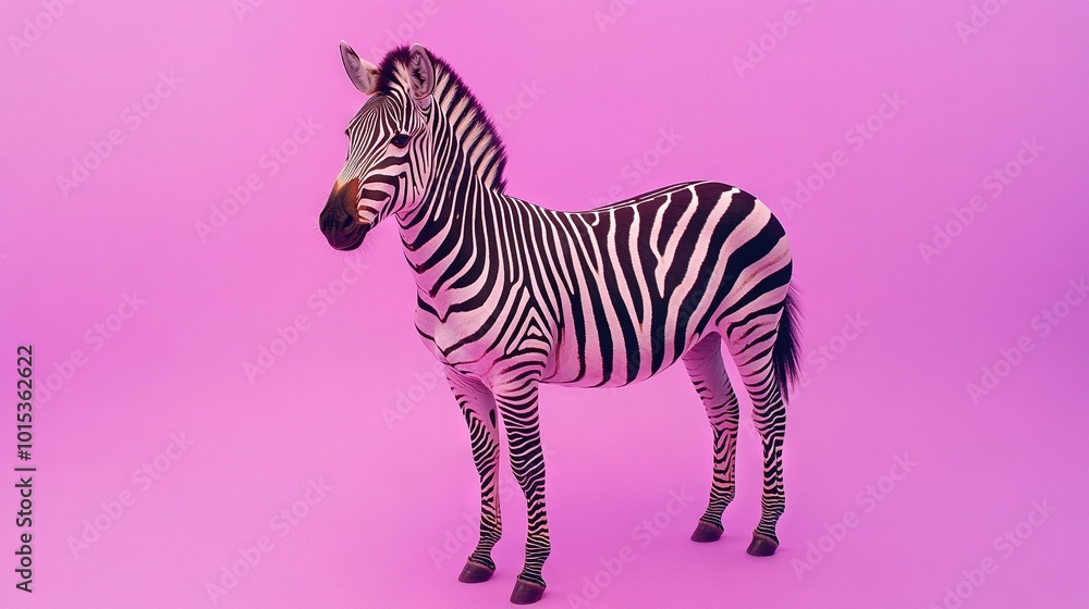 A zebra on a pink background, standing in the center of the frame A zebra on a pink background, standing in the center of the frame