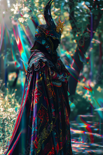 A woman in a colorful costume standing in the woods