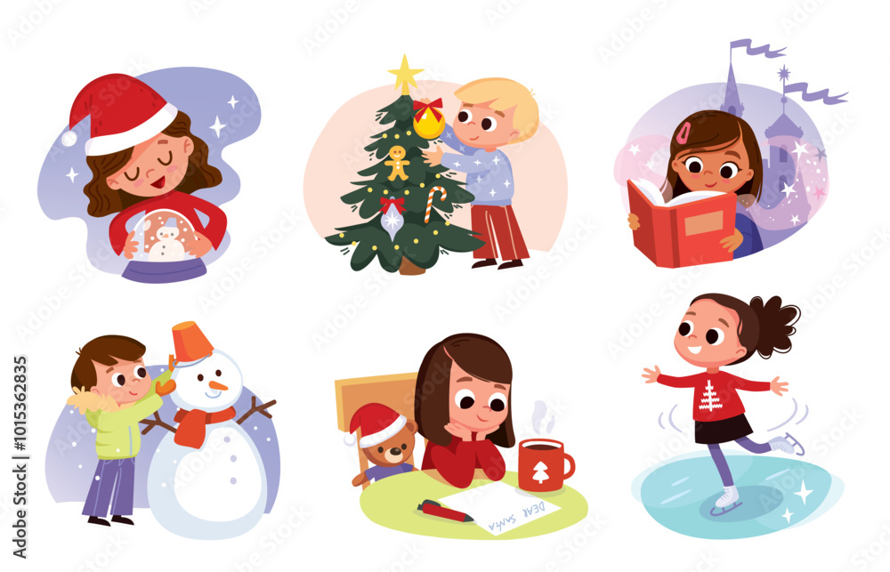 Christmas activities.Child writing a letter to Santa Claus, child ice skating, boy making a snowman, boy decorating a Christmas tree. Child reading a book. People prepare for Christmas. Christmas activities.Child writing a letter to Santa Claus, child ice skating, boy making a snowman, boy decorating a Christmas tree. Child reading a book. People prepare for Christmas.