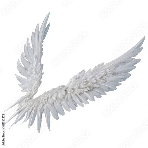 A striking white wing sculpture features numerous detailed feathers
