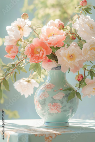 A beautiful bouquet of delicate pink and white peonies in a vintage floral vase.