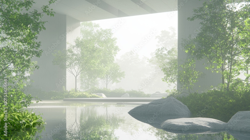 Tranquil Zen Garden Retreat - Ray Tracing Fengshui Artwork of Harmonious Nature Elements with Calming Water Reflections and Lush Greenery Tranquil Zen Garden Retreat - Ray Tracing Fengshui Artwork of Harmonious Nature Elements with Calming Water Reflections and Lush Greenery