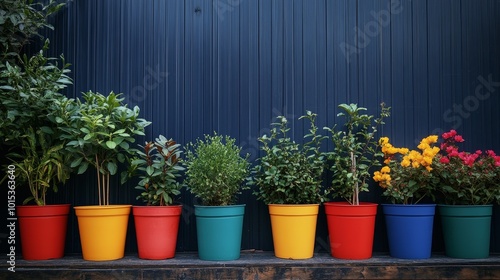 Line of colorful potted plants flowers shop composition background