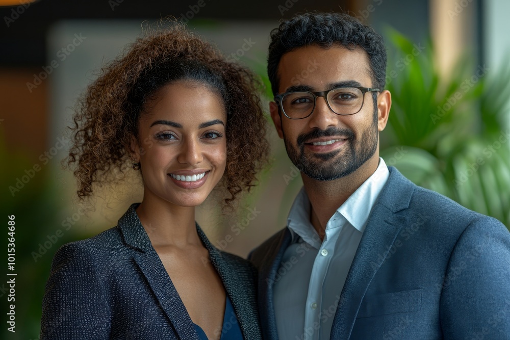 Two happy diverse professional executive business team people African American woman and Indian man looking at camera standing in office lobby hall. Multicultural company managers team, Generative AI Two happy diverse professional executive business team people African American woman and Indian man looking at camera standing in office lobby hall. Multicultural company managers team, Generative AI