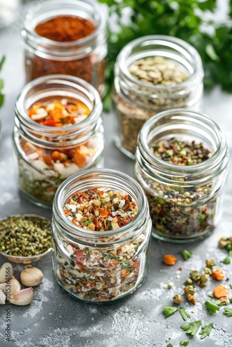 various condiments on the table. Selective focus