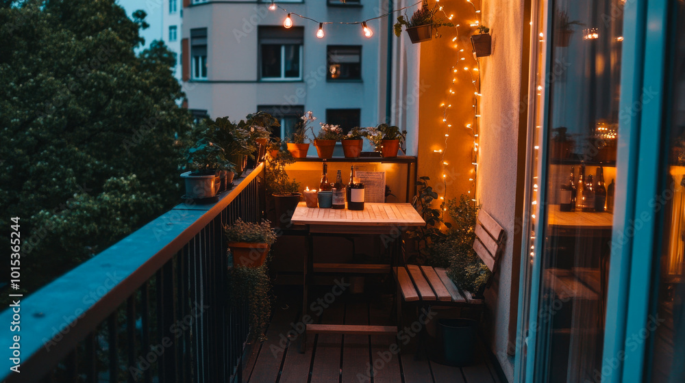 Charming balcony with dining set lights Charming balcony with dining set lights
