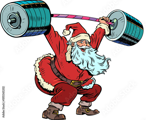 Training and sports even in winter in the gym. Santa Claus holds a barbell. Active advertising and discounts for customers on New Year and Christmas.