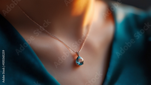 Close-up of a delicate teardrop pendant necklace with a light blue gemstone.