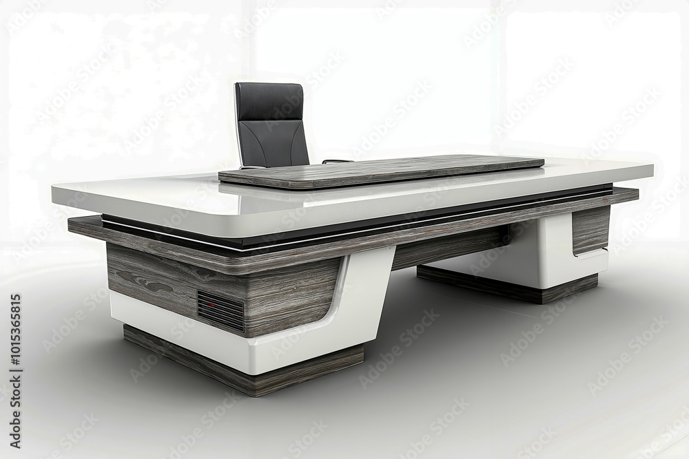 A white and black office desk with a black chair A white and black office desk with a black chair