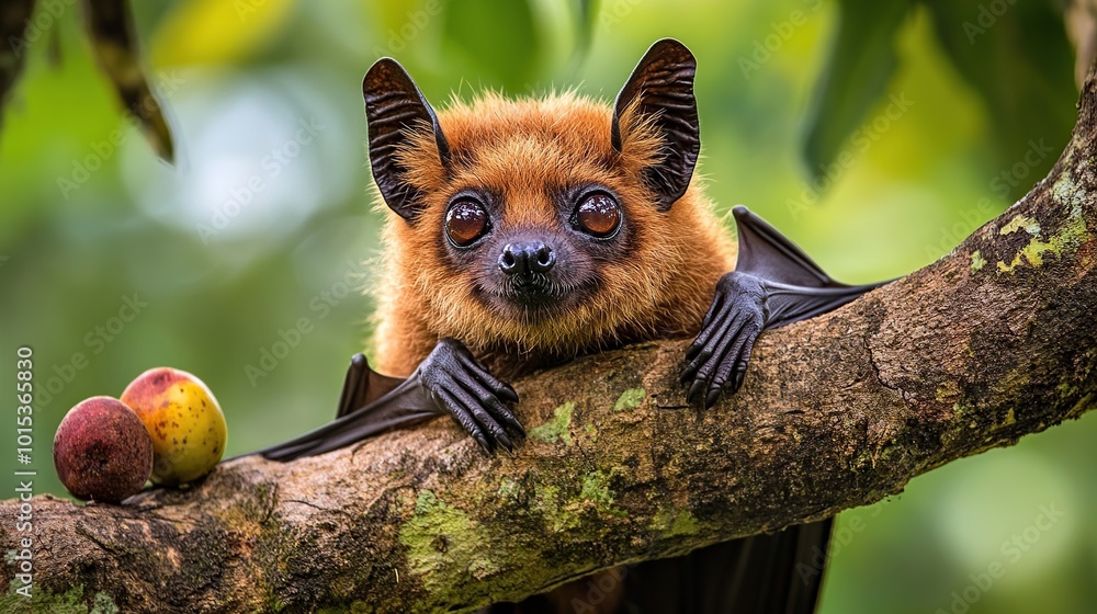 A bat resting on a branch with fruits nearby. A bat resting on a branch with fruits nearby.