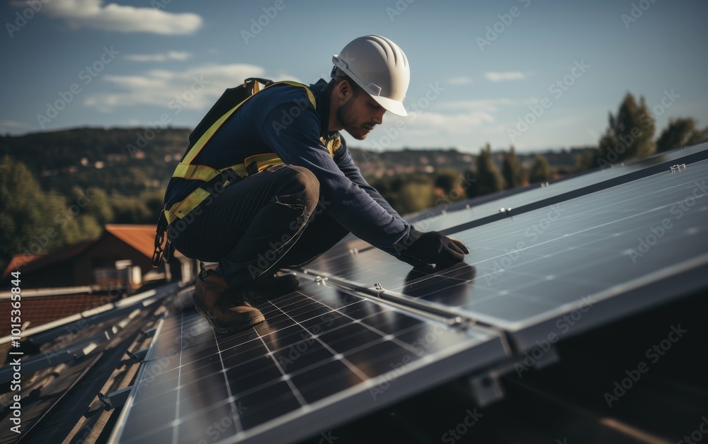 A man in a hard hat is working on a solar panel. He is kneeling down and he is focused on his task A man in a hard hat is working on a solar panel. He is kneeling down and he is focused on his task