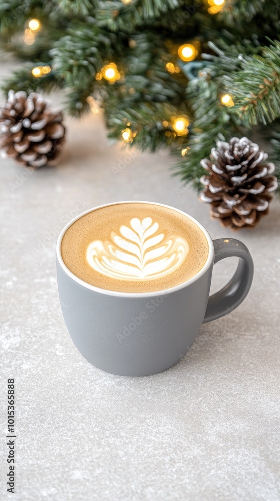 A beautifully crafted latte with intricate patterns rests beside pine cones and Christmas trees, wrapped in snowflakes, setting a cheerful festive mood against a light blue background A beautifully crafted latte with intricate patterns rests beside pine cones and Christmas trees, wrapped in snowflakes, setting a cheerful festive mood against a light blue background