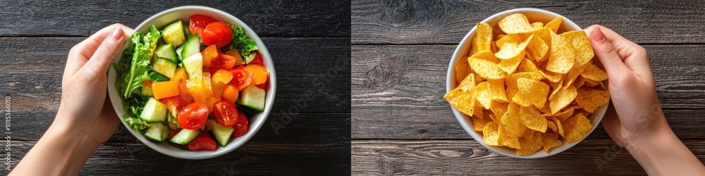 bowl of salad and bowl of chips healthy and junk food. Selective focus bowl of salad and bowl of chips healthy and junk food. Selective focus